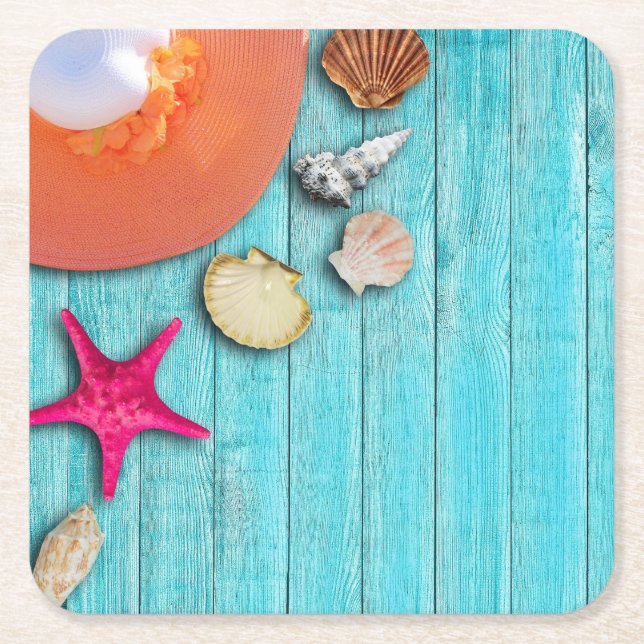 Cool and Colorful Ocean Themed Square Paper Coaster (Front)