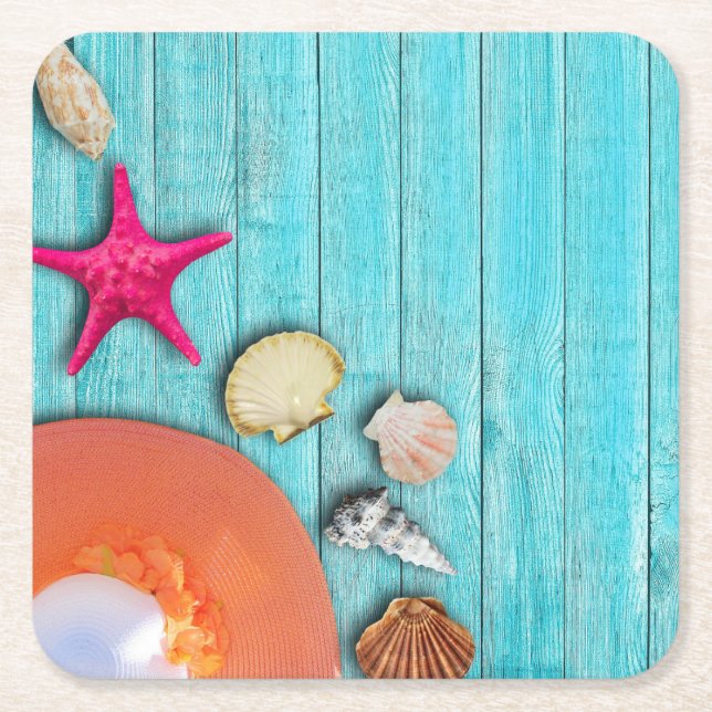 Cool and Colorful Ocean Themed Square Paper Coaster (Front)