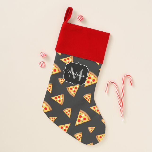 Cool and fun pizza slices pattern Monogram Christmas Stocking (Front)