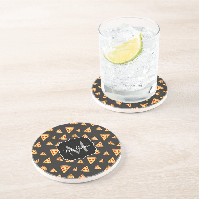 Cool and fun pizza slices pattern Monogram Drink Coaster (Side)