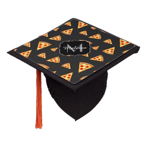 Cool and fun pizza slices pattern Monogram Graduation Cap Topper