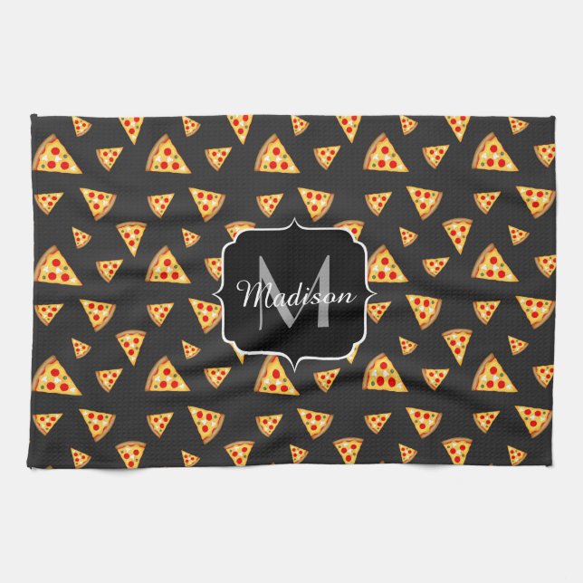Cool and fun pizza slices pattern Monogram Kitchen Towel (Horizontal)