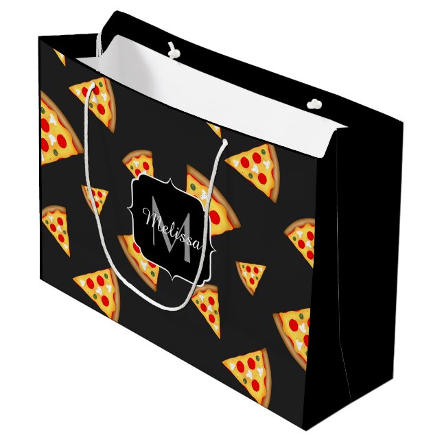 Cool and fun pizza slices pattern Monogram Large Gift Bag (Front Angled)
