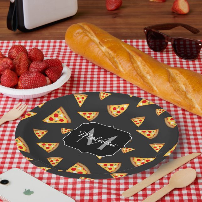 Cool and fun pizza slices pattern Monogram Paper Plates (Picnic)
