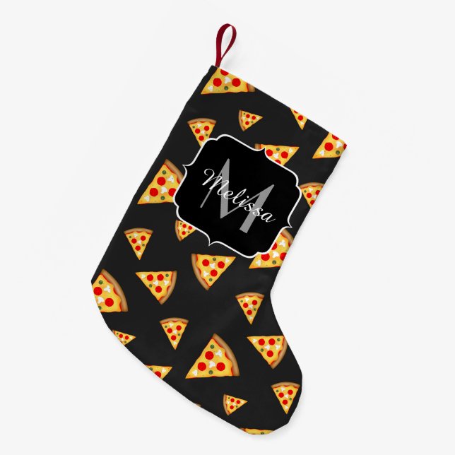 Cool and fun pizza slices pattern Monogram Small Christmas Stocking (Front (Hanging))