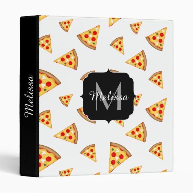 Cool and fun pizza slices pattern Monogram white 3 Ring Binder (Front/Spine)
