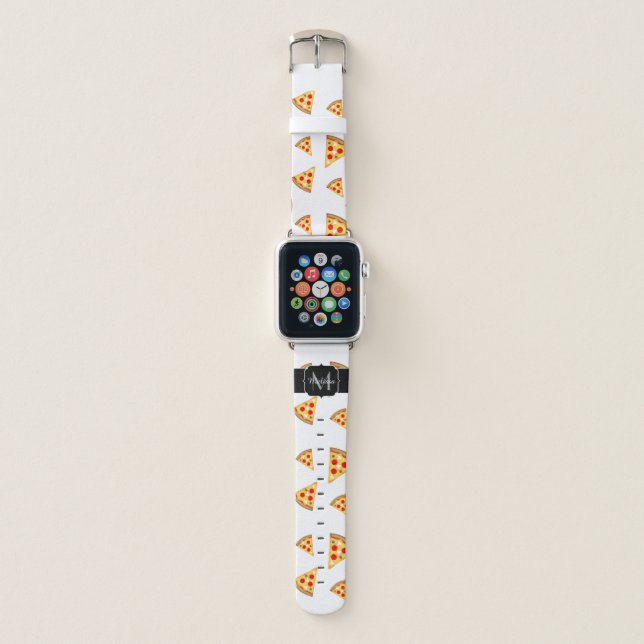 Cool and fun pizza slices pattern Monogram white Apple Watch Band (Front)