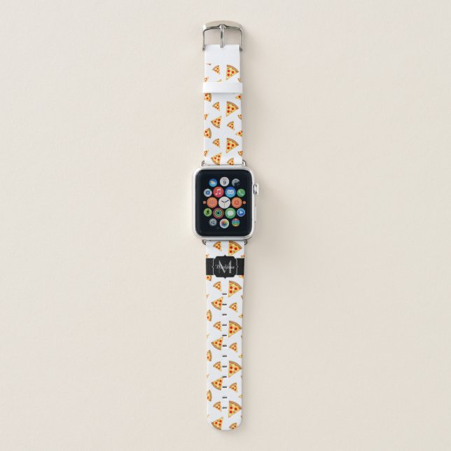 Cool and fun pizza slices pattern Monogram white Apple Watch Band (Front)