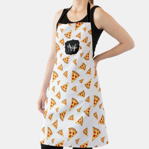 Cool and fun pizza slices pattern Monogram white Apron