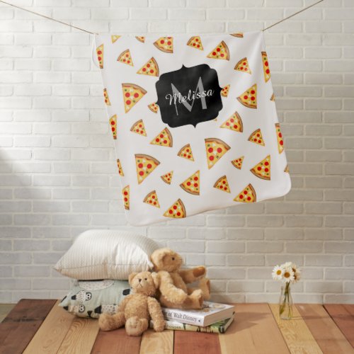 Cool and fun pizza slices pattern Monogram white Baby Blanket