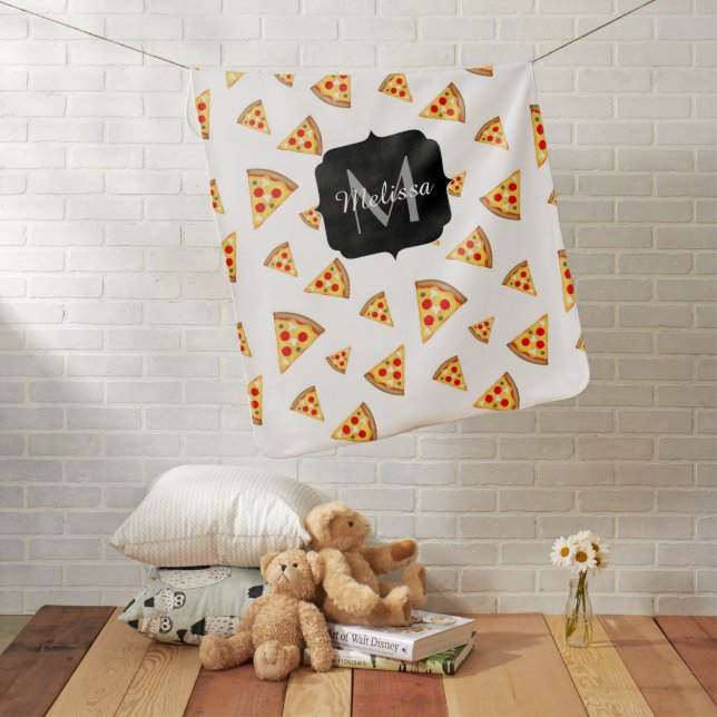 Cool and fun pizza slices pattern Monogram white Baby Blanket (In Situ)