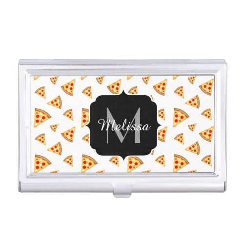 Cool and fun pizza slices pattern Monogram white Business Card Case