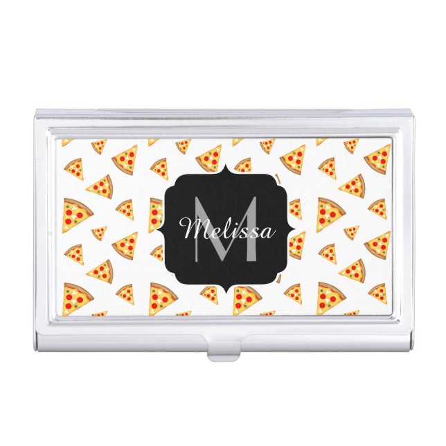 Cool and fun pizza slices pattern Monogram white Business Card Case (Front)