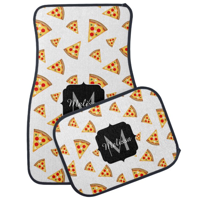 Cool and fun pizza slices pattern Monogram white Car Floor Mat (Set)