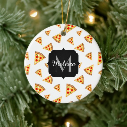 Cool and fun pizza slices pattern Monogram white Ceramic Ornament