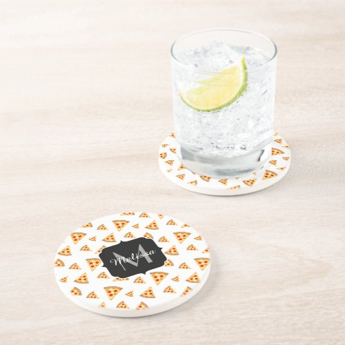 Cool and fun pizza slices pattern Monogram white Coaster