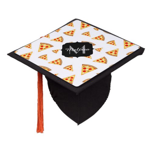 Cool and fun pizza slices pattern Monogram white Graduation Cap Topper