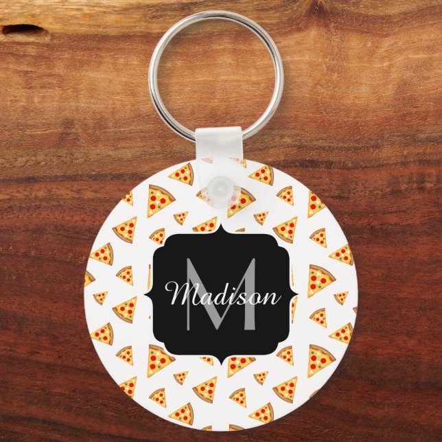 Cool and fun pizza slices pattern Monogram white Keychain (Front)