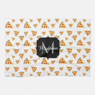 Cool and fun pizza slices pattern Monogram white Kitchen Towel