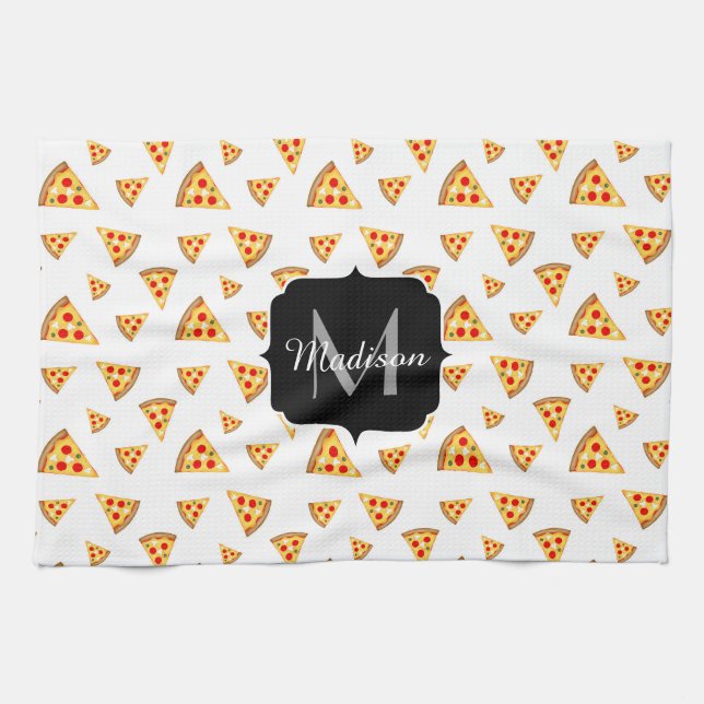 Cool and fun pizza slices pattern Monogram white Kitchen Towel (Horizontal)