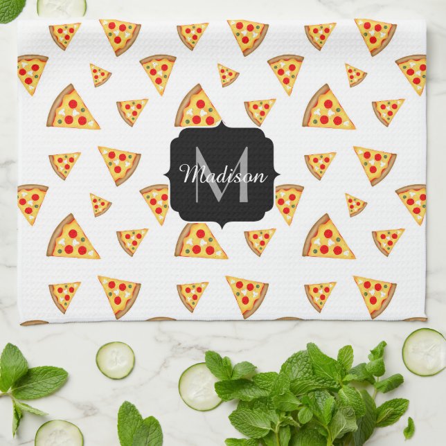 Cool and fun pizza slices pattern Monogram white Kitchen Towel (Folded)