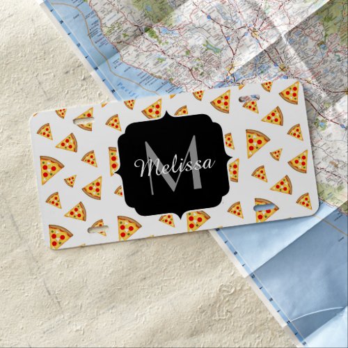 Cool and fun pizza slices pattern Monogram white License Plate