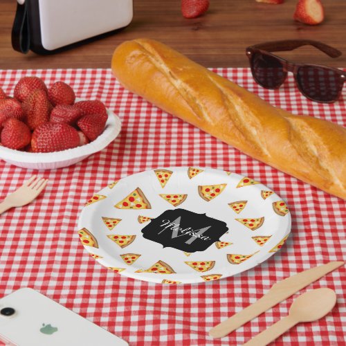 Cool and fun pizza slices pattern Monogram white Paper Plates