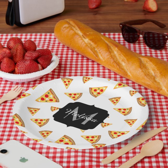 Cool and fun pizza slices pattern Monogram white Paper Plates (Picnic)