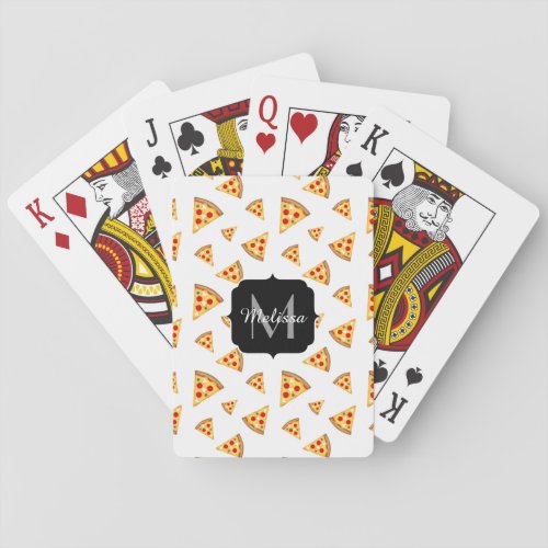 Cool and fun pizza slices pattern Monogram white Poker Cards