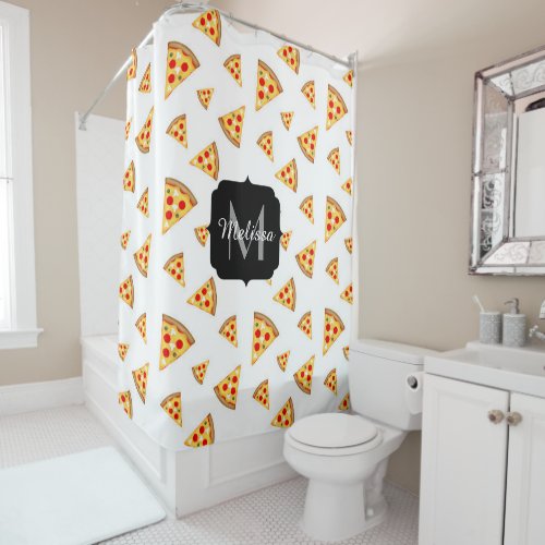 Cool and fun pizza slices pattern Monogram white Shower Curtain