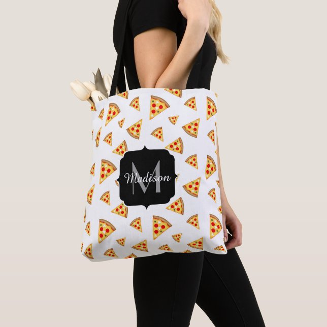 Cool and fun pizza slices pattern Monogram white Tote Bag (Close Up)
