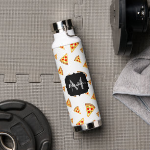 Cool and fun pizza slices pattern Monogram white Water Bottle
