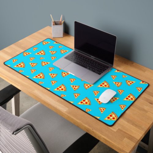 Cool and fun pizza slices pattern neon blue desk mat