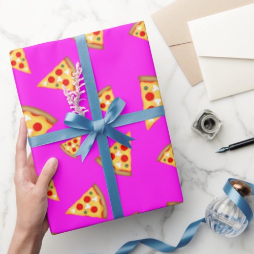 Cool and fun pizza slices pattern neon pink wrapping paper
