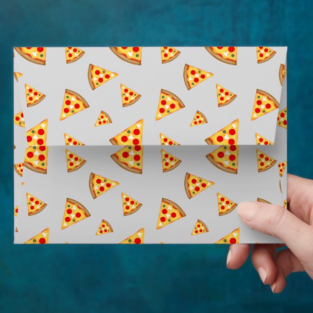 Cool and fun pizza slices pattern on gray envelope (Hand)