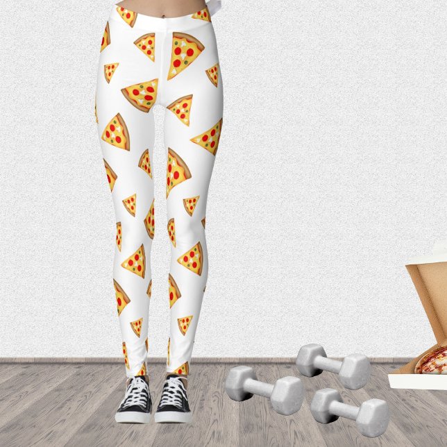 Cool and fun pizza slices pattern on white leggings (Stand out in the gym with our cool fun pizza leggings!)