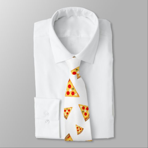 Cool and fun pizza slices pattern on white neck tie