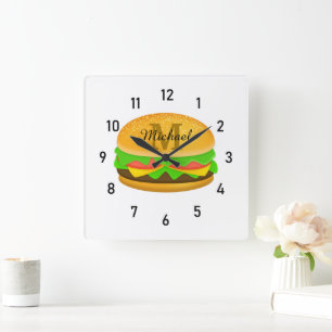 Cool and fun yummy burger Monogram and numbers Square Wall Clock