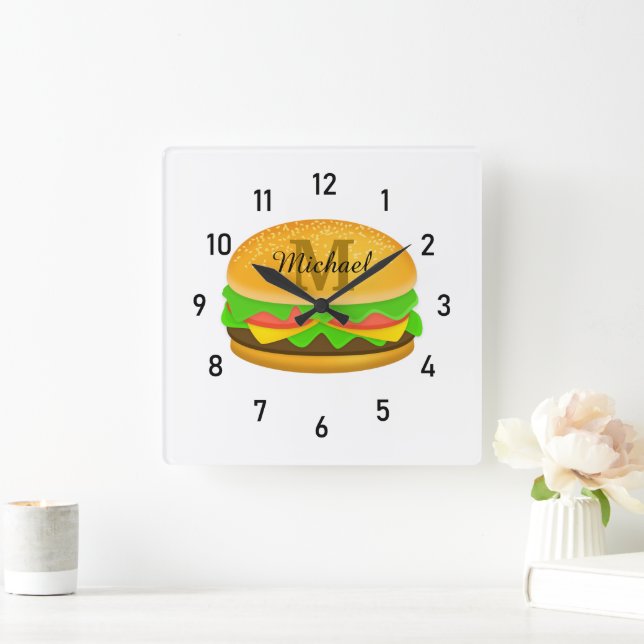 Cool and fun yummy burger Monogram and numbers Square Wall Clock (Home)