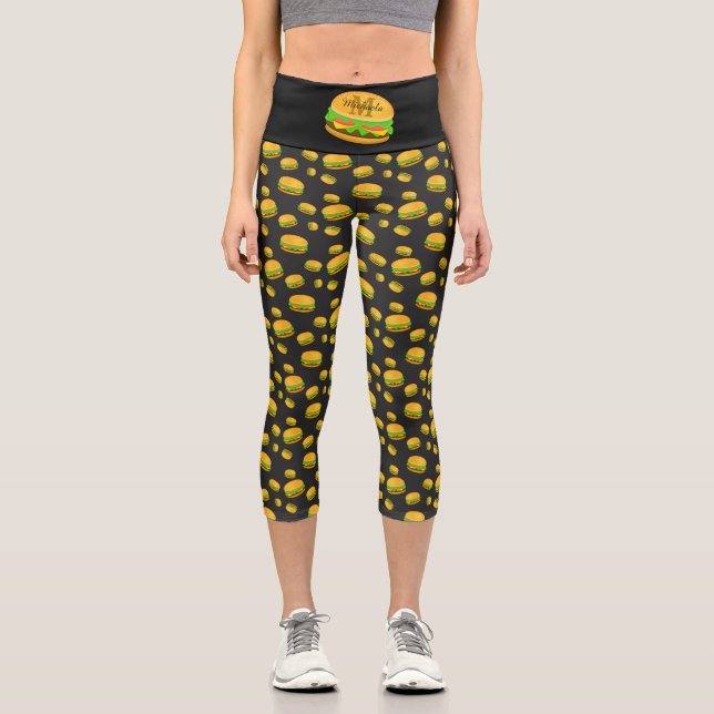 Cool and fun yummy burger pattern Custom Monogram Capri Leggings (Front)