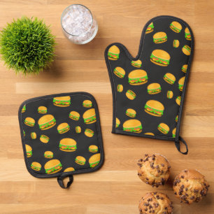 Cool and fun yummy burger pattern dark gray oven mitt & pot holder set