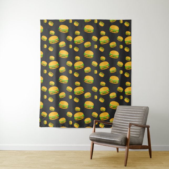Cool and fun yummy burger pattern dark gray Wall Tapestry (In Situ)