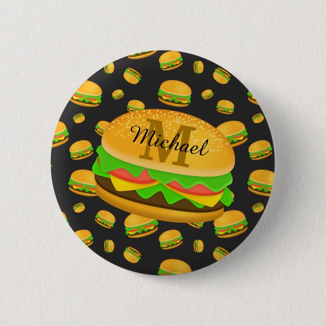 Cool and fun yummy burger pattern Monogram Button (Front)