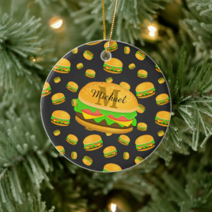Cool and fun yummy burger pattern Monogram Ceramic Ornament