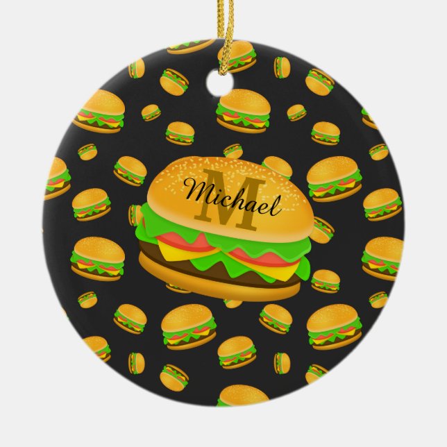 Cool and fun yummy burger pattern Monogram Ceramic Ornament (Front)