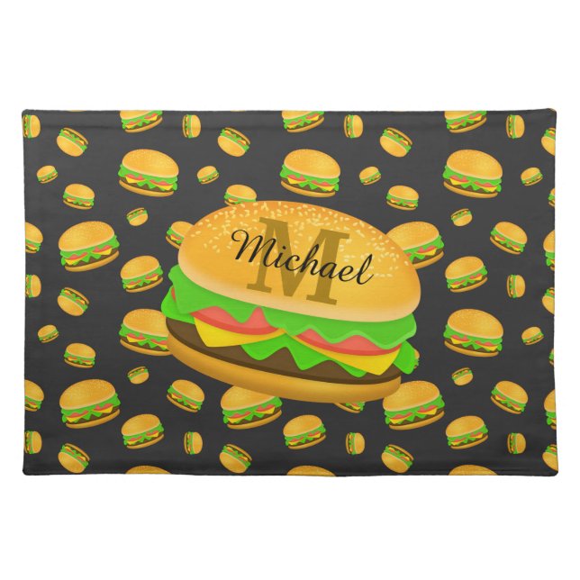 Cool and fun yummy burger pattern Monogram Cloth Placemat (Front)