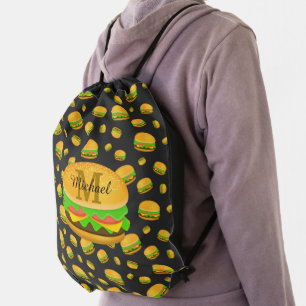 Cool and fun yummy burger pattern Monogram Drawstring Bag
