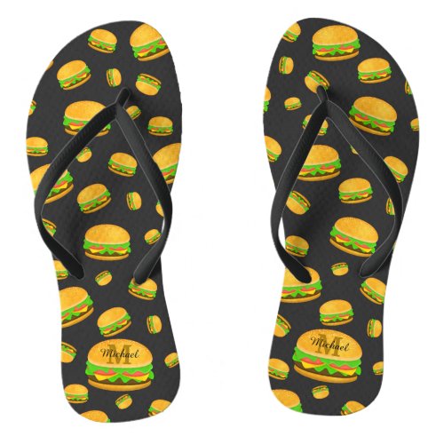 Cool and fun yummy burger pattern Monogram Flip Flops