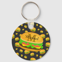 Cool and fun yummy burger pattern Monogram Keychain
