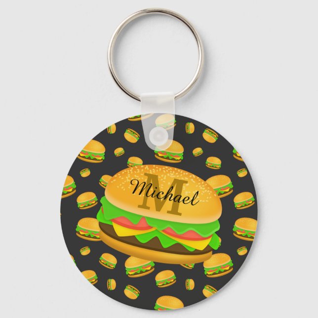 Cool and fun yummy burger pattern Monogram Keychain (Front)